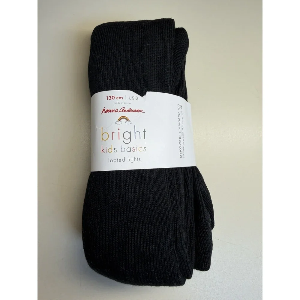 Hanna Andersson Girls Black Ribbed Footed Tights 130cm US 8 NWT Cotton Blend